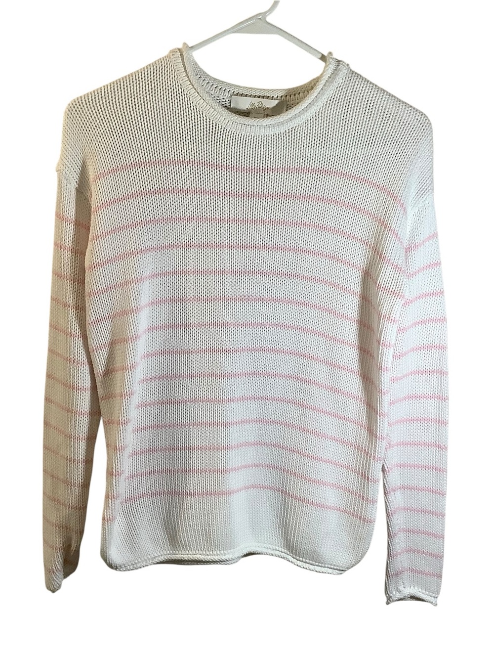 Lilly Pulitzer White Crewneck Knit Sweater with Pink Stripes